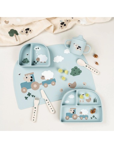 STICK & STAY TINY FARM BLUE PLATE WITH COMPARTMENTS